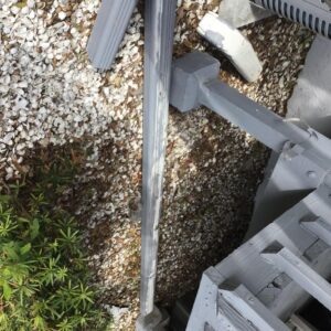 cleaning a gutter with debris visible on the ground and around plants