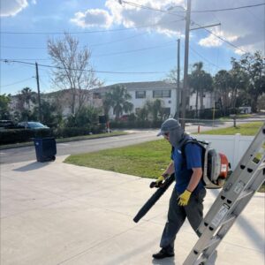 south tampa gutter and window cleaning using a blower to clear debris from a driveway wearing protective gear and gloves