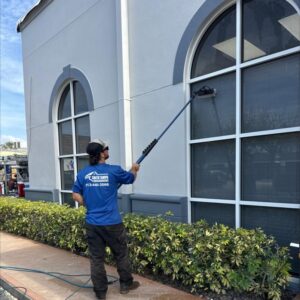 window cleaning using a long pole to reach high windows with a brush attachment