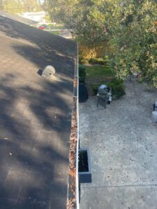 gutter cleaning service removing leaves and debris from the gutter system on a sloped roof in a residential area