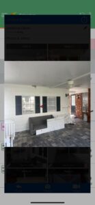 cleaning a covered patio area with a gray couch and paver flooring visible