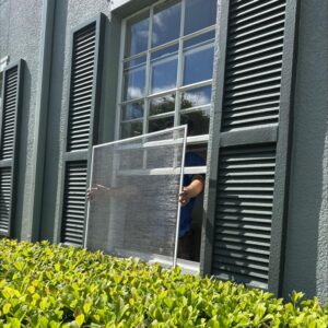 removing a window screen from a house with green foliage in the foreground and multiple window shutters visible