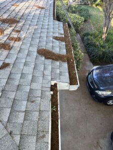 gutter cleaning service showing debris and leaves accumulated on the roof and gutters near a parked car