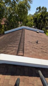 roof cleaning of brown asphalt shingles with a clear view of surrounding trees and property