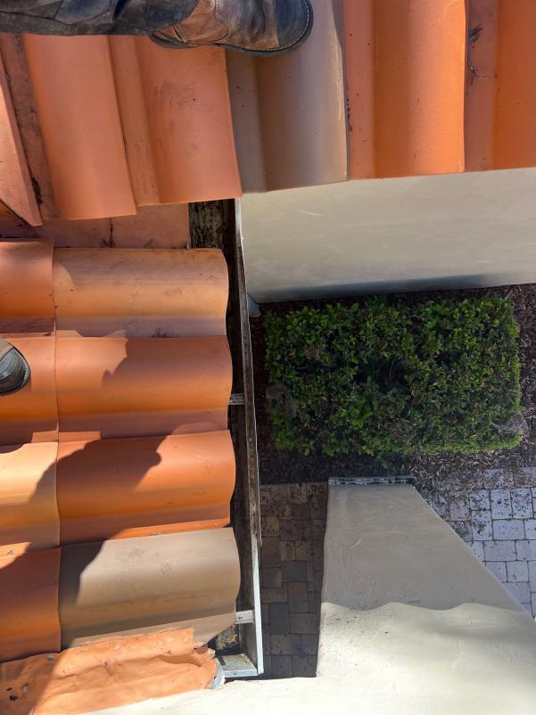 rooftop view showing terracotta tiles with a foot on the edge and greenery below