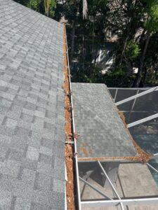 gutter cleaning service addressing debris on a roof near a screened enclosure with visible foliage and dirt accumulation
