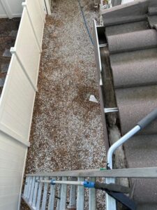 gutter cleaning from an elevated position showing debris and a ladder positioned against the house