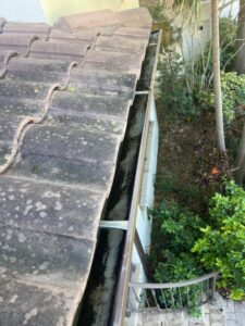 gutter cleaning service showing dirt debris and leaves accumulated in the gutter near a tiled roof and greenery below