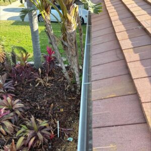 gutter cleaning service showing clear gutters with foliage and landscaping nearby