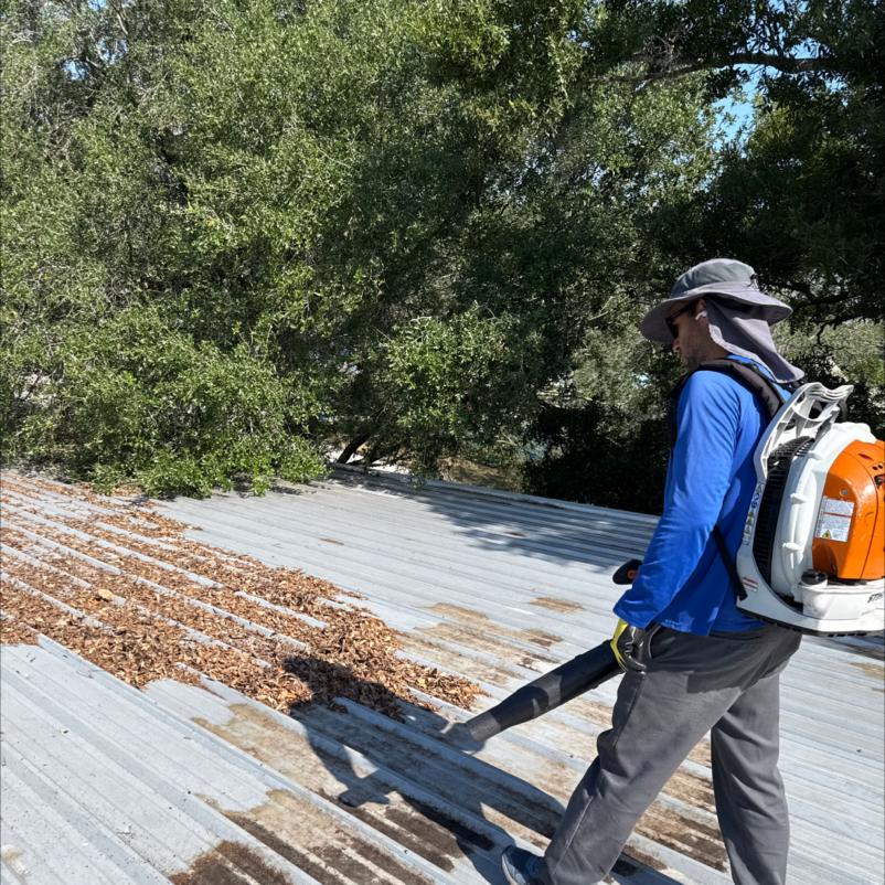 man using a leaf blower to clean debris from a metal roof surrounded by trees