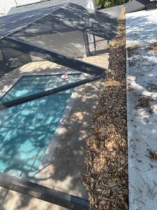 gutter cleaning service removing excess leaves and debris from roof edge near a screened pool enclosure