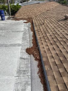 gutter cleaning service removing debris and leaves from a clogged gutter along a sloped roof area