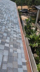 gutter cleaning service with clean shingles and lush greenery near the house in a residential area