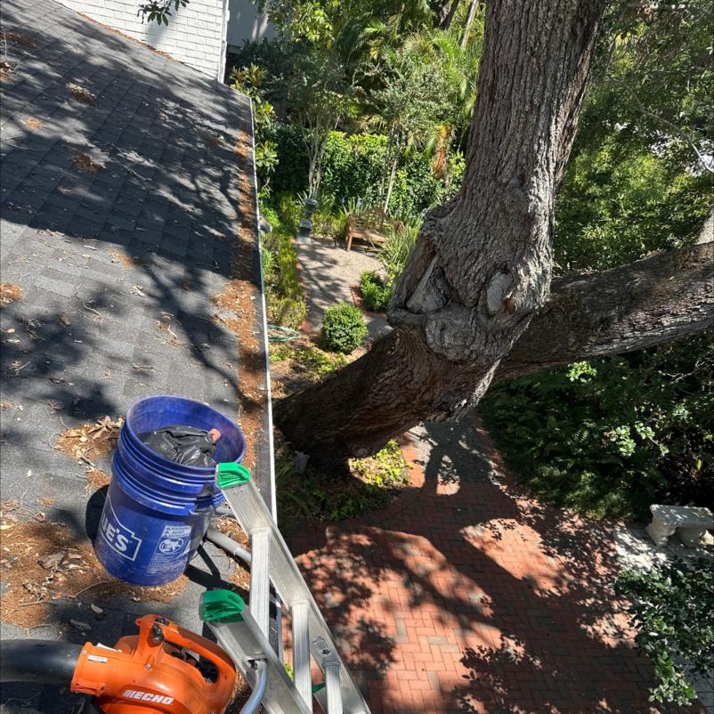 gutter cleaning with a ladder and equipment including a blow dryer and a bucket to collect debris from the roof