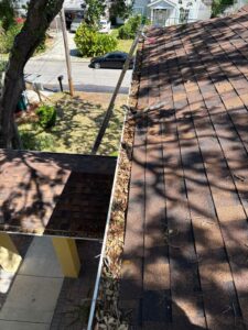 gutter cleaning showing debris accumulation on roof edges and near gutters with a clear view of surrounding area