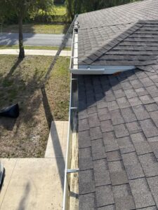 gutter cleaning with visible debris removal and a ladder positioned for access to the roof and gutters