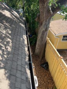 gutter cleaning service with debris along roofline and a tree nearby providing shade and vegetation in the area
