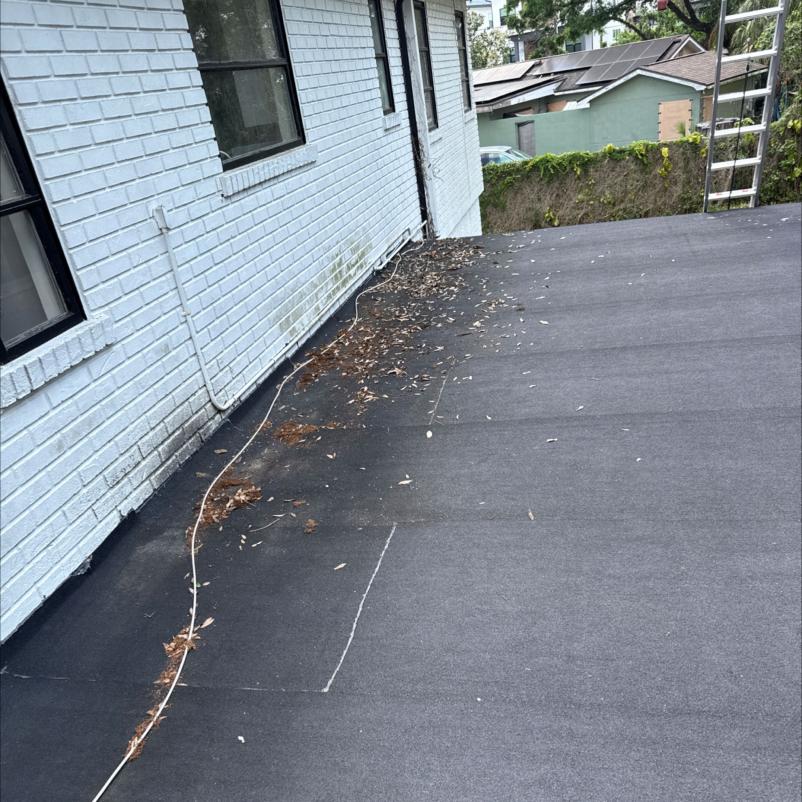 cleaning debris from a flat roof surface with leaves and dirt visible near the edge of the house