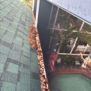 gutter cleaning showing accumulated leaves and debris along a roof edge with a pool and patio visible below