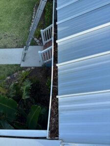 gutter cleaning service with debris visible near edge of roof ladder leaning against the house with greenery below