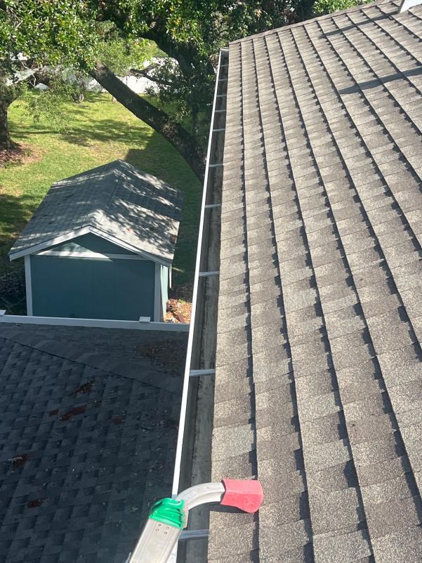 gutter cleaning in progress with ladder and vacuum equipment near a roof and trees in the background