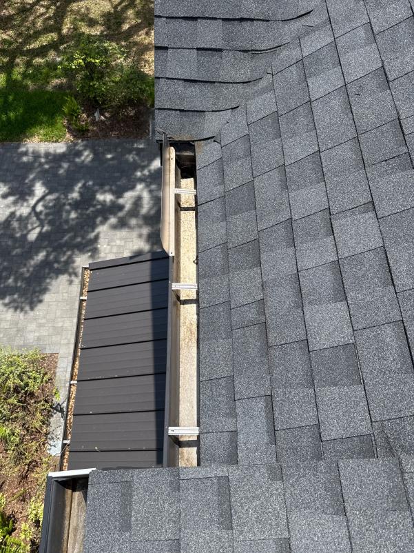 gutter cleaning service showing debris accumulation in a gutter near a roof edge with shingles and surrounding landscaping