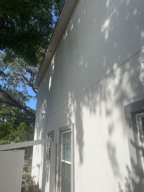 house washing with visible clean white exterior and shadows from nearby trees and clear blue sky in background