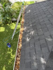 gutter cleaning with a ladder positioned on a roof alongside fallen leaves and debris in the gutter