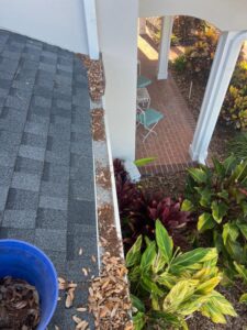 roof cleaning with debris and leaves accumulating in the gutter next to a blue bucket and lush landscaping below