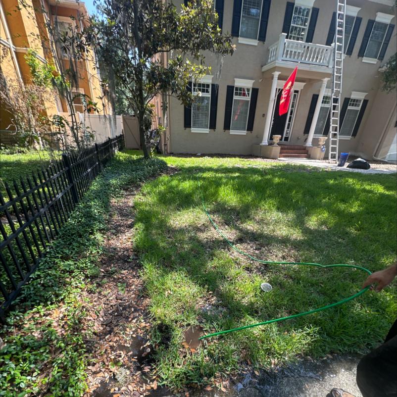 south tampa gutter and window cleaning appears to be using a hose in the grassy area near a house