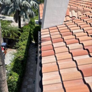 cleaning a red tile roof with a clear view of palm trees and landscaping in the background