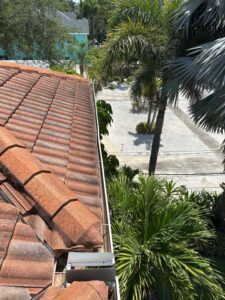 gutter cleaning service on a tile roof with visible palm trees and a clean driveway below