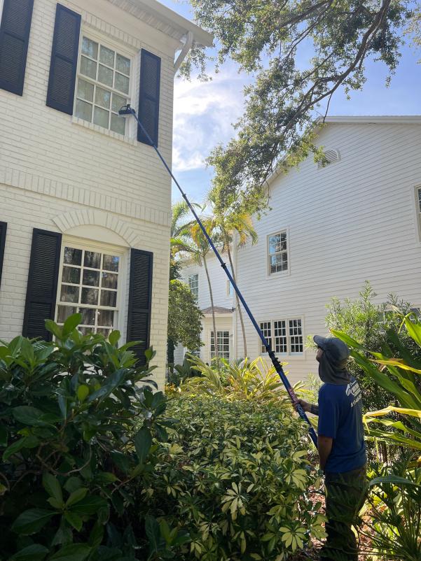 worker cleaning a high window using a long pole while surrounded by tropical plants and two white houses in background