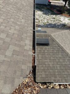 gutter cleaning with debris buildup near roof edge and brown leaves visible on the shingles indicating potential clogging issues