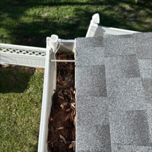 clogged gutter filled with leaves and debris near a roofline needing cleaning and maintenance