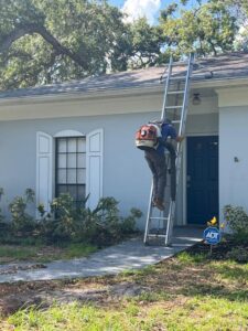 worker climbing a ladder with a blower backpack preparing to clean gutters near a blue front door house