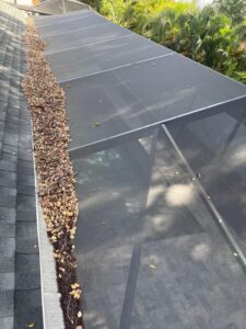 gutter cleaning service removing leaves and debris from a residential roof area with a screened enclosure