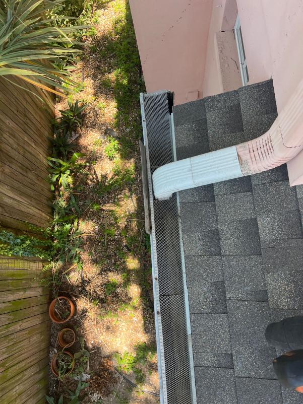 gutter system with a downspout and netting on a roof with surrounding vegetation and clay pots visible