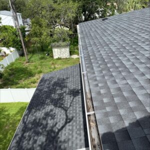 roof cleaning showing well maintained dark shingles and visible gutters on a residential property with green lawn and trees