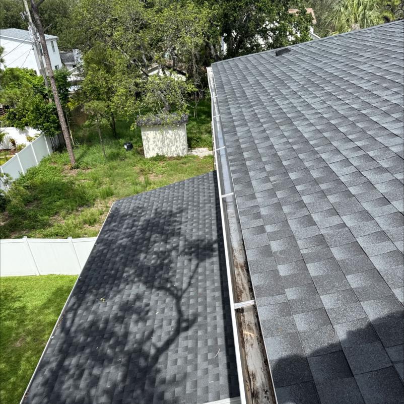roof cleaning showing well maintained dark shingles and visible gutters on a residential property with green lawn and trees