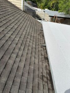 roof cleaning showing shingles with dark streaks and a flat roof section adjacent to it needing maintenance