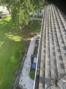 gutter cleaning services being conducted from a rooftop overlooking a landscaped yard with a pathway and garbage bins