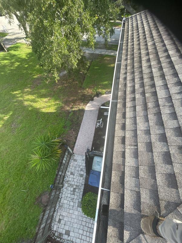 gutter cleaning services being conducted from a rooftop overlooking a landscaped yard with a pathway and garbage bins