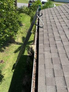 ladder positioned near gutter showing debris accumulation suggesting gutter cleaning service being performed