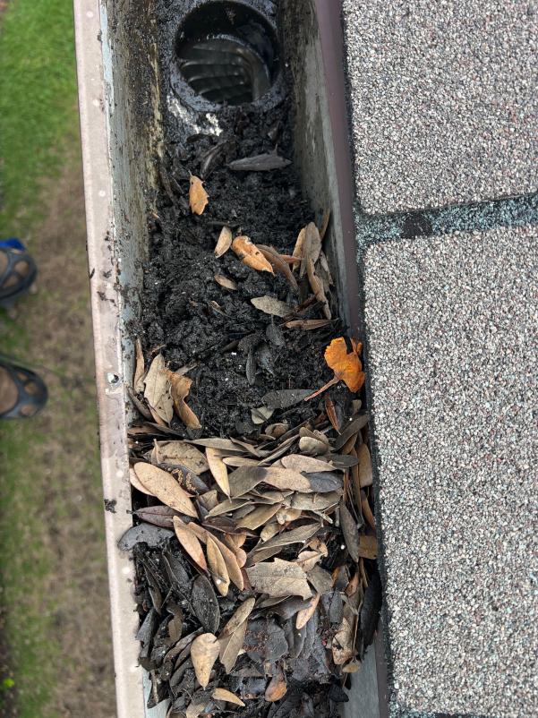 clogged gutter filled with leaves and debris indicating a need for cleaning services