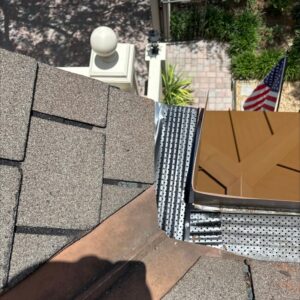gutter installation near roof edge showing metal flashing and drainage holes with exposure to surrounding landscape and porch