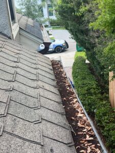 gutter cleaning service removing leaves and debris from a sloped roof near a well-maintained yard and driveway