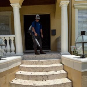 man using a blower to clear debris from stone steps near an entrance of a house