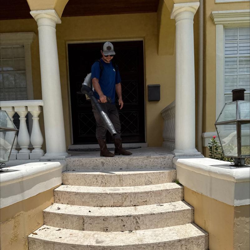 man using a blower to clear debris from stone steps near an entrance of a house