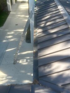 gutter cleaning being performed on a roof with a ladder positioned nearby leaves and debris visible along the edge